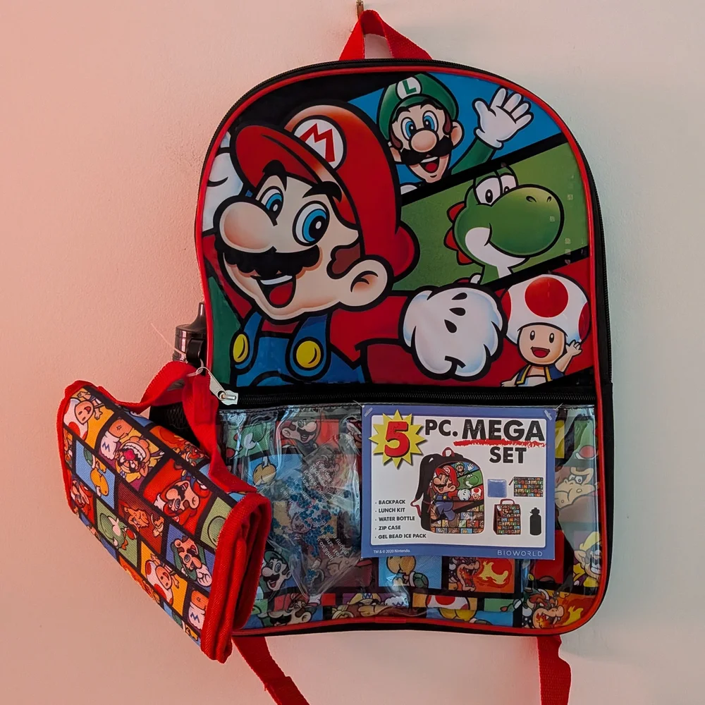 Kids' Nintendo Super Mario 5-PC Backpack Set Black Red One Size